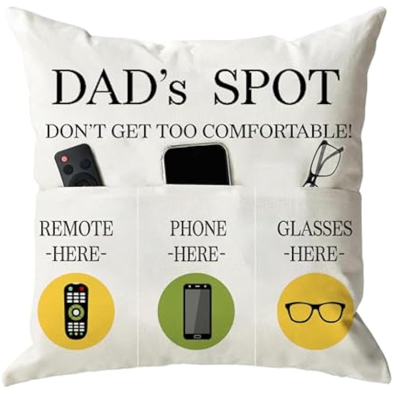 Father’s Day Throw Pillow Case, Dad’s Spot Throw Pillow Covers 18 x 18 Inch，Dad Gifts from Daughter Son，Birthday Christmas Thanksgiving Day Gifts for Papa Stepdad ，3-Pocket