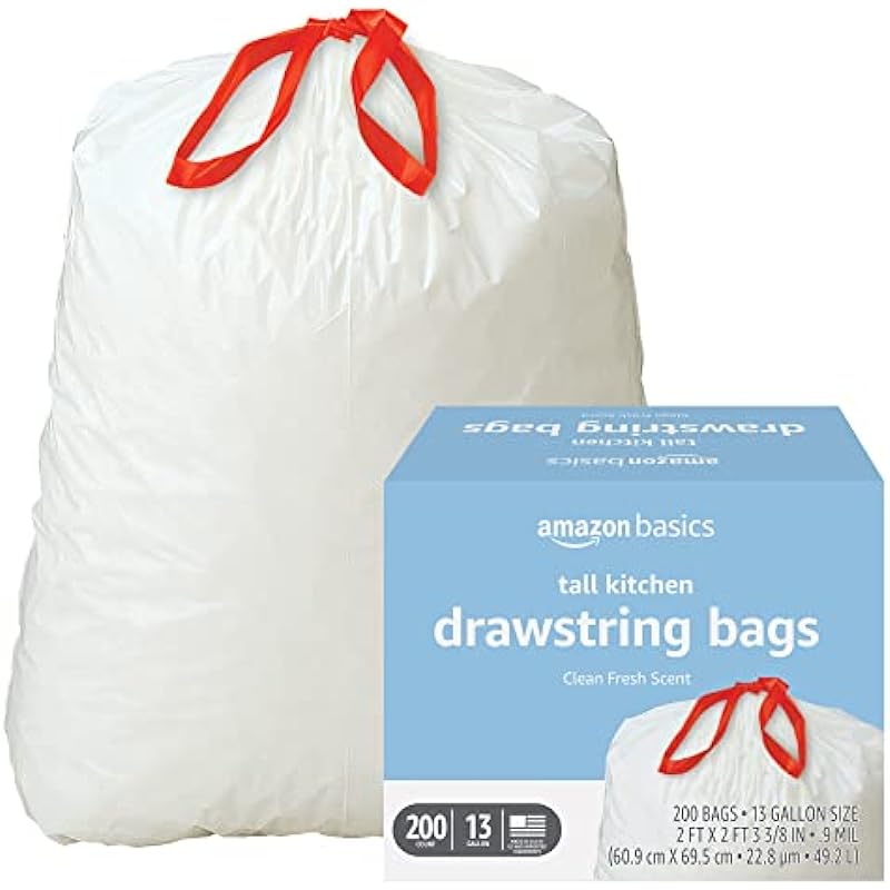 Amazon Basics Tall Kitchen Drawstring Trash Bags, Clean Fresh Scent, 13 Gallon, 200 Count