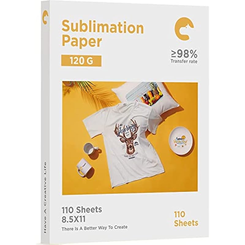 Hiipoo Sublimation Paper 8.5×11 Inch, Work with Sublimation Ink and E Sawgrass Inkjet Printers for Mugs T-Shirts Light Fabric and Other Sublimation Blanks (110 Sheets, 120G) (A-8.5×11)