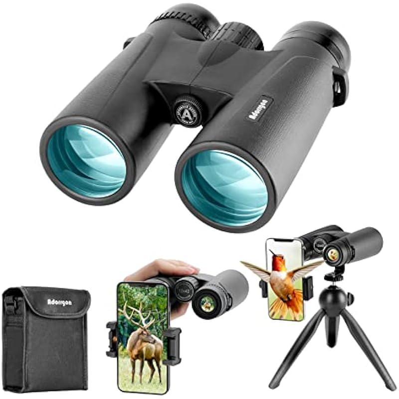 Adorrgon 12×42 HD Binoculars for Adults High Powered with Phone Adapter, Tripod and Tripod Adapter – Large View Binoculars with Clear Low Light Vision – Binoculars for Bird Watching Cruise Travel