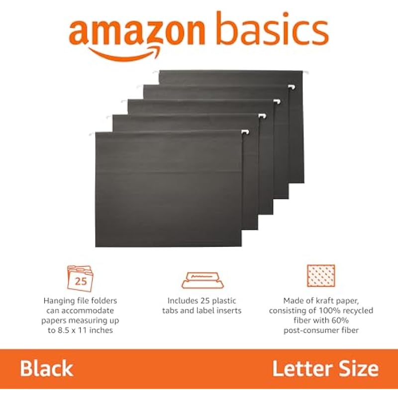 Amazon Basics Hanging File Folders, Letter Size, Black, 25-Pack