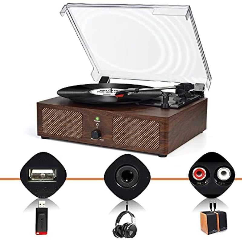Vinyl Record Player Wireless Turntable with Built-in Speakers and USB Belt-Driven Vintage Phonograph Record Player 3 Speed for Entertainment and Home Decoration Coffee