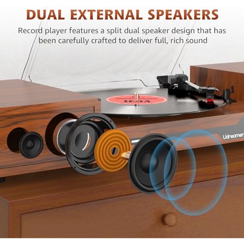 Vinyl Record Player with External Speakers BT 5.3 Wireless Turntable Portable with 3 Speed USB Vintage Wooden Brown