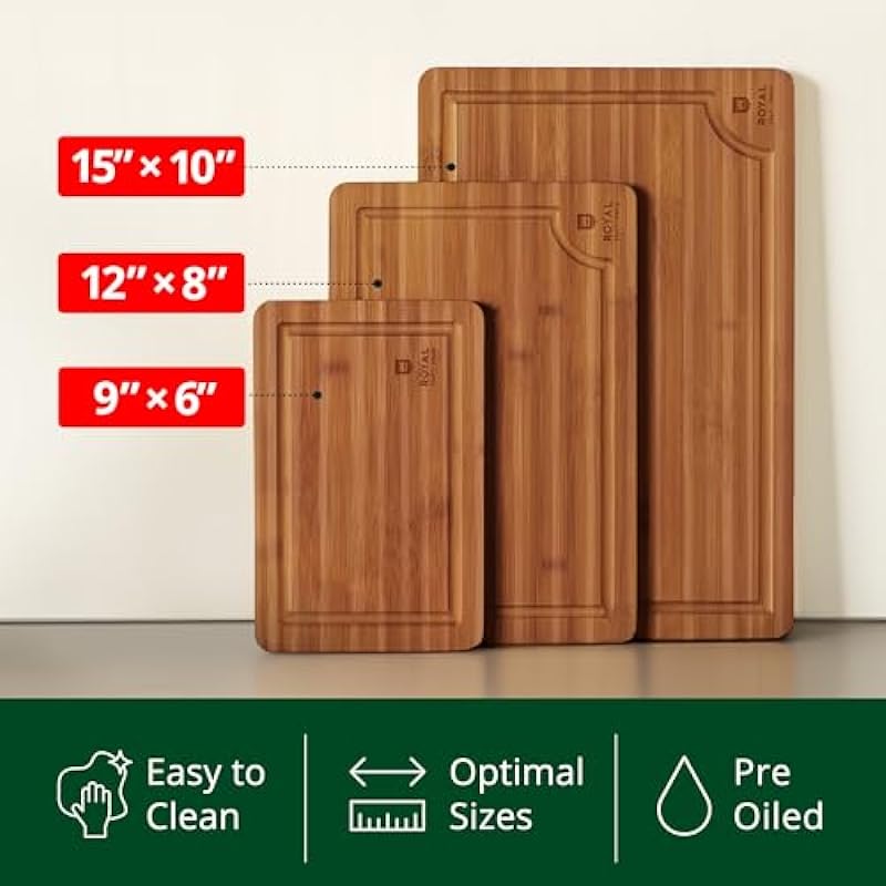 ROYAL CRAFT WOOD Wooden Cutting Boards for Kitchen Meal Prep & Serving – Bamboo Wood Serving Board Set with Deep Juice Groove Side Handles – Charcuterie & Chopping Butcher Block for Meat (3 Pcs)