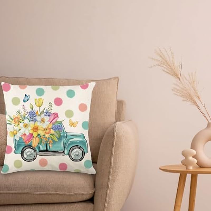 Spring Decorations – Spring Pillow Covers 18×18, Spring Farmhouse Throw Pillow Cover Garden Linen Cushion Case for Home Decor