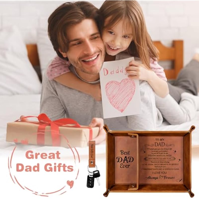 Best Dad Ever Gifts for Dad from Daughter, Fathers Day Dad Gifts PU Leather Valet Tray & Keychain, Father’s Day Birthday Gifts from Daughter Son Wife, Men Gift for Dad New Dad Gifts for Husband