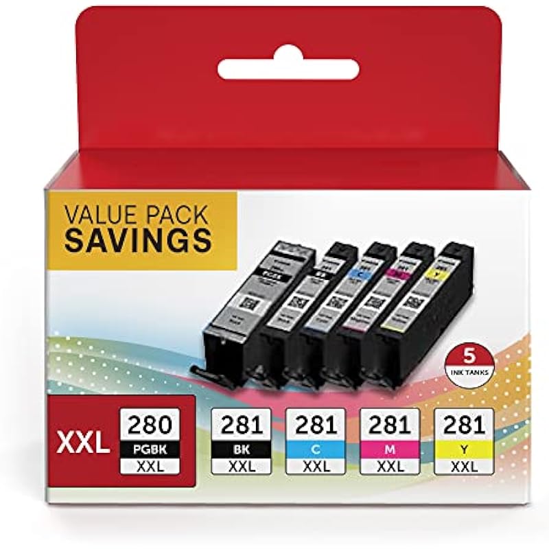 PGI-280XXL/CLI-281XXL Compatible Ink Cartridge Replacement for Canon Ink 280 and 281 Cartridge High Yield Use to PIXMA TR7520 TR8520 TR8500 TR8600 TR8620 TS6120 TS6220 TS9120 (5 Value Pack)