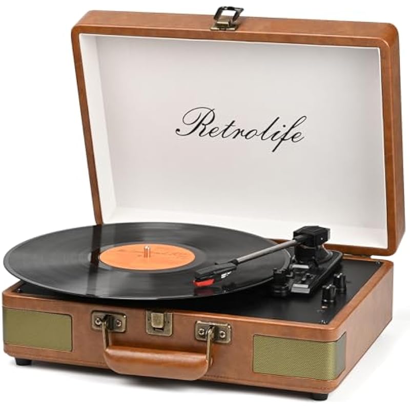 Record Player 3 Speed Bluetooth Portable Suitcase Vinyl Player with Built-in Speakers Turntable Enhanced Audio Sound PU Leather Vintage Brown