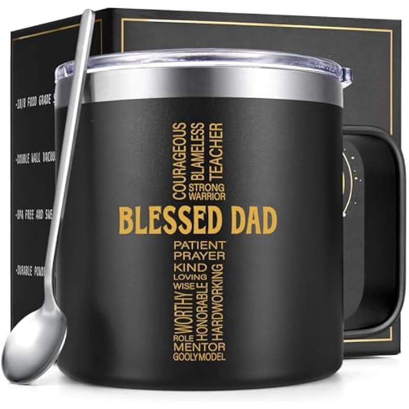 Gtmileo Dad Gifts from Daughter Son, Blessed Dad – 14OZ Stainless Steel Insulated Coffee Mug, Gifts Fathers Day from Daughter, Birthday Gifts for Dad Father Husband Men, Christian Gifts for Men(Black)