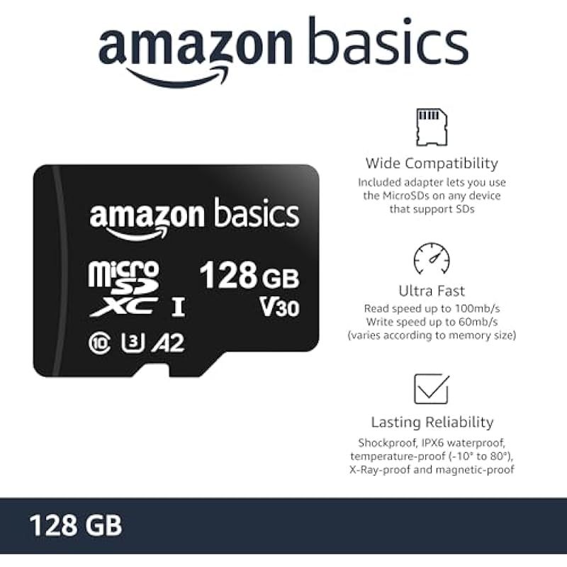 Amazon Basics Micro SDXC Memory Card with Full Size Adapter, A2, U3, Read Speed up to 100 MB/s, 128 gb, Black