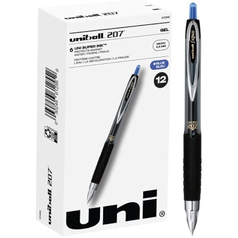 Uni-Ball® 207™ Retractable Fraud Prevention Gel Pens, Micro Point, 0.5 mm, Black Barrels, Blue Ink, Pack Of 12