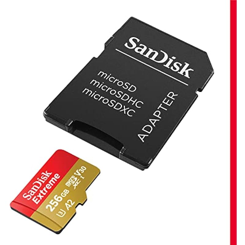 SanDisk 256GB Extreme microSDXC UHS-I Memory Card with Adapter – Up to 190MB/s, C10, U3, V30, 4K, 5K, A2, Micro SD Card – SDSQXAV-256G-GN6MA