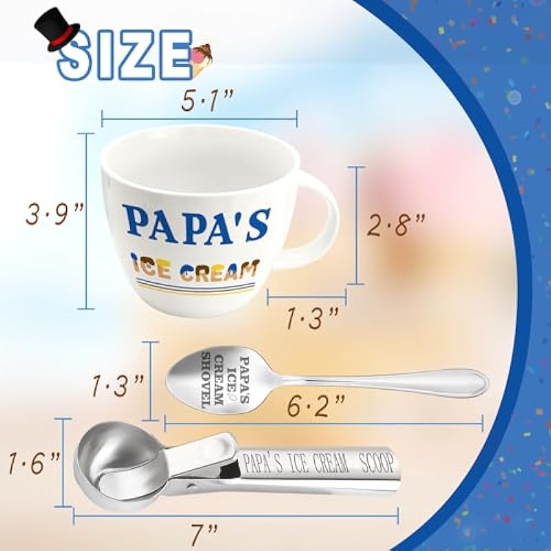 Papa Gifts, Fathers Day Birthday Gifts for Papa from Grandkids, Papa’s Ice Cream Bowl Scoop Shovel Spoon Set, Papa’s Ice Cream Gift, Christmas Birthday Father’s Day Gift for Him Man