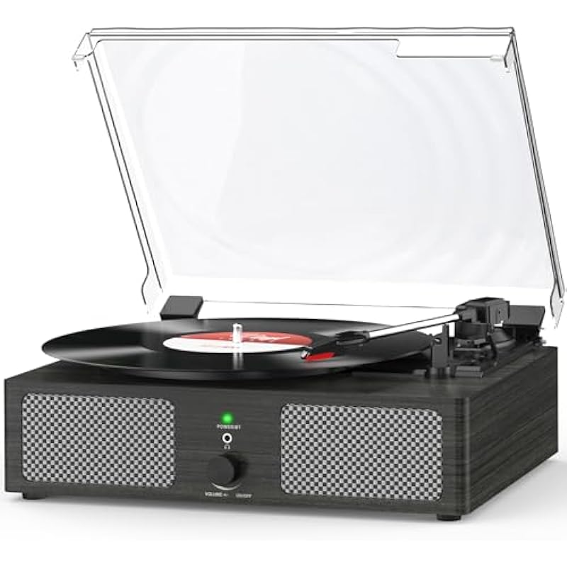 Vinyl Record Player with Build in Speakers Vintage Portable Turntable Supports Bluetooth Receiver USB Input,AUX Input,RCA Line Out,3 Speed and Headphone Jack Wooden Black