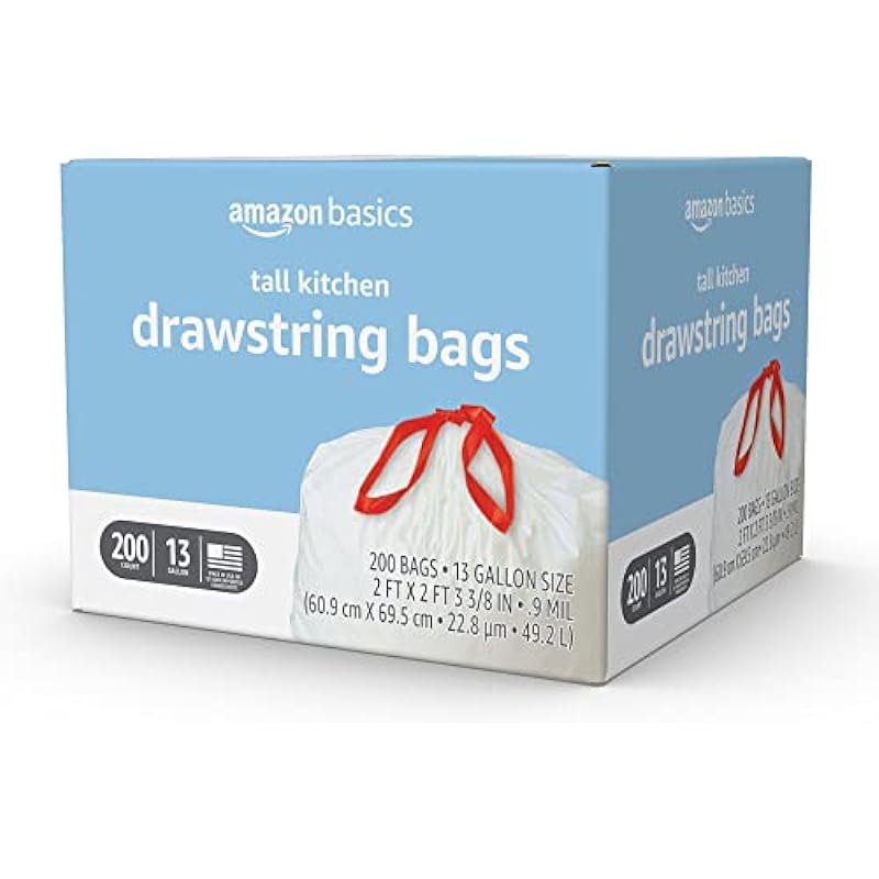 Amazon Basics Tall Kitchen Drawstring Trash Bags, Clean Fresh Scent, 13 Gallon, 200 Count