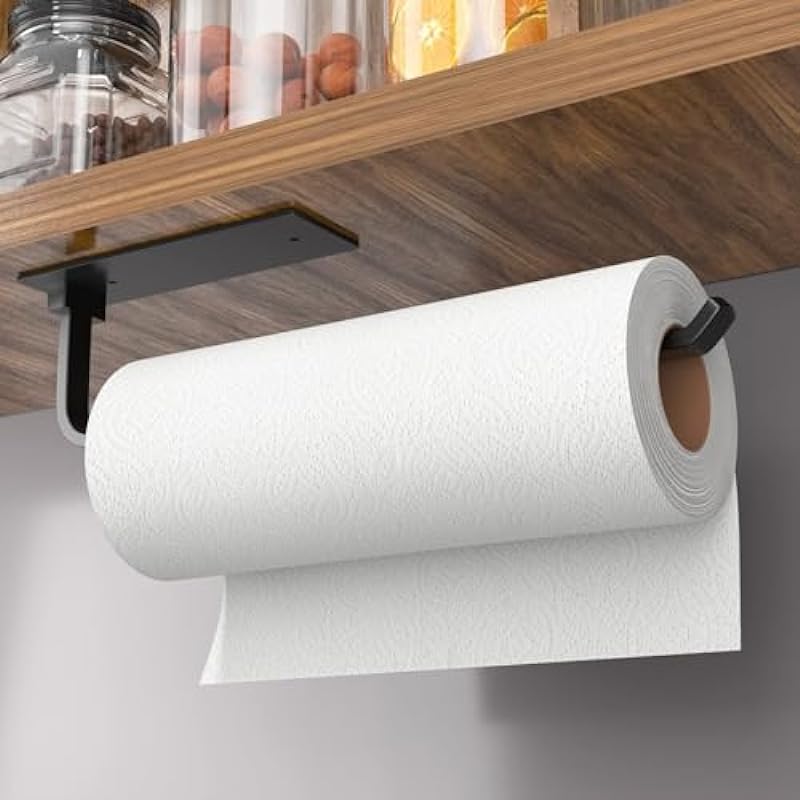 Paper Towel Holder – Self-Adhesive or Drilling, Matte Black Paper Towel Rack Under Cabinet for Kitchen, Upgraded Aluminum Kitchen Roll Holder – Lighter but Stronger Than Stainless Steel!