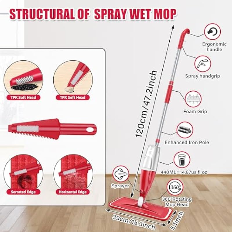 Spray Wet Mop for Hardwood Floor Cleaning, EXEGO Microfiber Dry Dust Spray Mop with Washable Pads fit for Swiffer Power Mop, Wet Mop with Jet Sprayer for Wood Laminate Ceramic Tiles Home Commercial