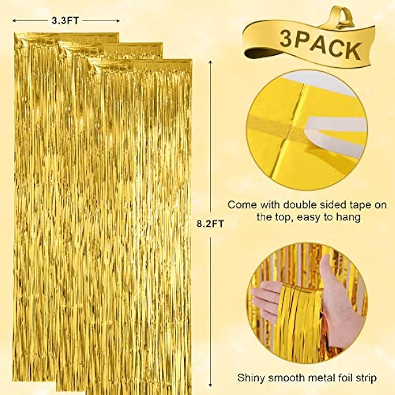 3 Pack 3.3×8.2 Feet Gold Foil Fringe Backdrop Curtains, Tinsel Streamers Birthday Party Decorations, Fringe Backdrop for Graduation, Baby Shower, Gender Reveal, Disco Party