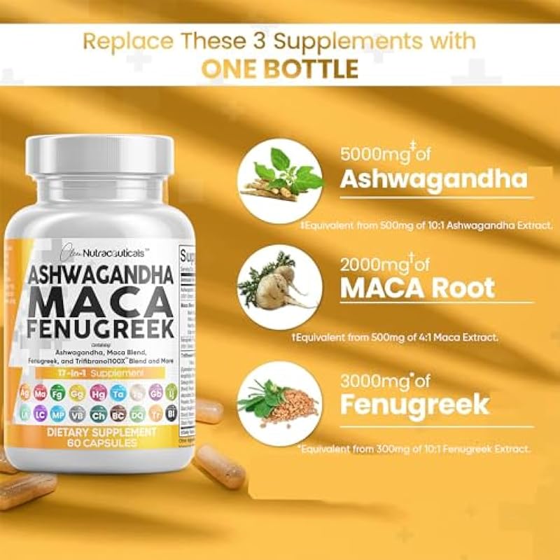 Ashwagandha 5000mg Maca Root 2000mg Fenugreek 3000mg Supplement with Tongkat Ali Ginseng – Assists with Stress, Mood & Thyroid Health – Ashwagandha Capsules Maca Pills Fenugreek Caps – 60 Count