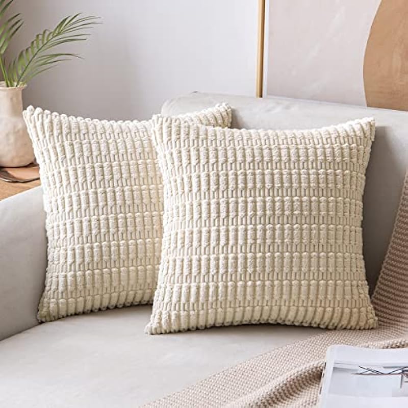 MIULEE Pack of 2 Corduroy Decorative Throw Pillow Covers 18×18 Inch Soft Boho Striped Pillow Covers Modern Farmhouse Home Decor for Spring Sofa Living Room Couch Bed Cream White