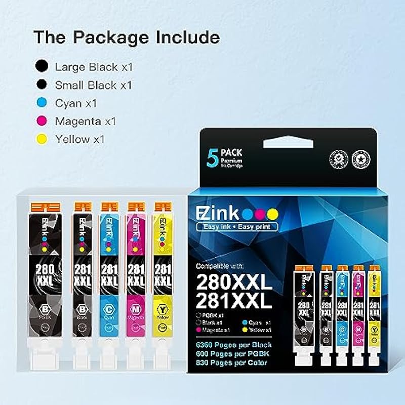 E-Z Ink (TM Compatible Ink Cartridge Replacement for Canon PGI-280XXL CLI-281XXL 280 XXL 281 XXL Compatible with TR8620a TR8620 TS702a TS9520 TS9521C TR8520 TS6220 TS6320 TS8220 (5 Pack)