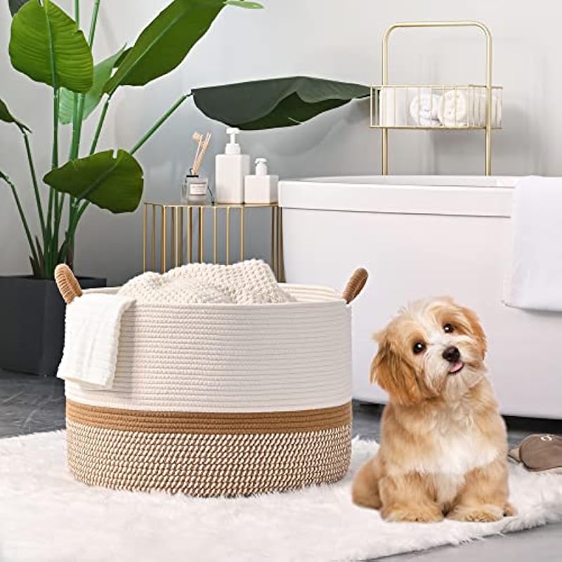 KAKAMAY Large Blanket Basket (20″x13″),Woven Baskets for storage Baby Laundry Hamper, Cotton Rope Blanket Basket for Living Room, Laundry, Nursery, Pillows, Baby Toy chest (White/Brown)