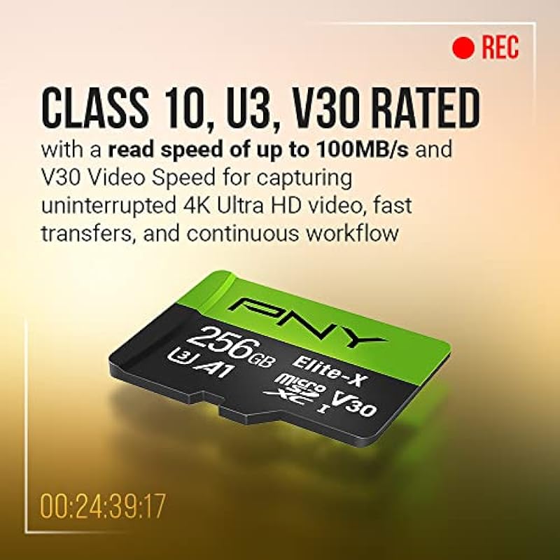 PNY 256GB Elite-X microSDXC UHS-I Memory Card – 100MB/s, U3, V30, A1, 4K, Full HD, micro SD