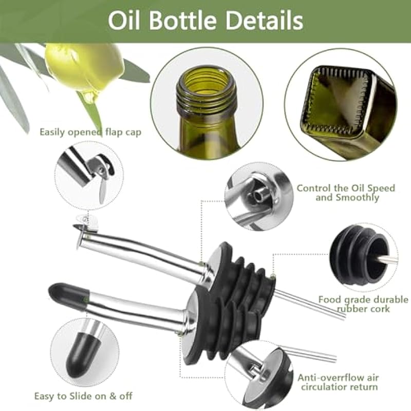 Olive Oil Dispenser Bottle, 2 Pcs Green Glass Olive Oil Dispenser and Vinegar Dispenser Set with 2 Stainless Steel Pourers, 4 Labels,1 Brush and 1 Funnel Oil Bottles for Kitchen (500ml)