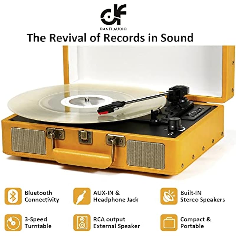 Vintage Record Player with Bluetooth 3-Speed Portable Suitcase Vinyl Record Player with Speakers, USB/SD Card Recording, RCA, AUX-in, Headphone Jack, Retro Turntable Yellow