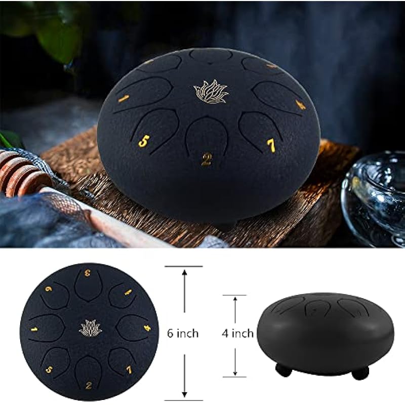Steel Tongue Drum 6 Inch 8 Note Steel Hand Drum with Bag, Music Book, Drumsticks, Mallet Holder and Finger Paddles, for Camping, Meditation or Yoga (Navy Blue)