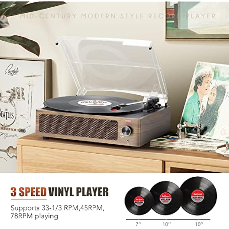 Vinyl Record Player with Speaker Vintage Turntable for Vinyl Records Belt-Driven Turntable Support 3-Speed Wireless Playback Headphone AUX RCA Line LP Vinyl Players for Sound Enjoyment Retro Wood Cyan