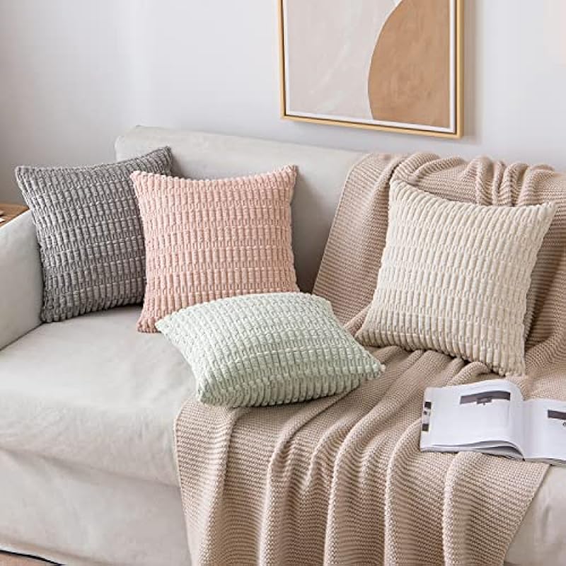 MIULEE Pack of 2 Corduroy Decorative Throw Pillow Covers 18×18 Inch Soft Boho Striped Pillow Covers Modern Farmhouse Home Decor for Spring Sofa Living Room Couch Bed Cream White