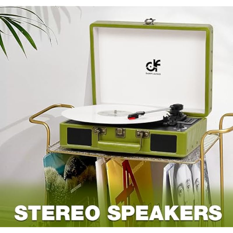 Record Player – 33,45& 78 RPM Speed Vintage Suitcase Turntable with Bluetooth, USB Recording, MP3 Converter, Speakers, Stylus, Vinyl Record Player Green