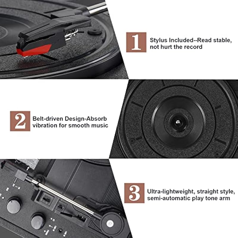 Vinyl Record Player Wireless Turntable Bluetooth 3-Speed Portable Vintage Suitcase with Built-in Speakers, Includes Extra Stylus, RCA Out, AUX in