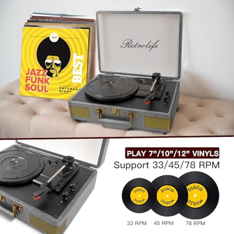Record Player 3 Speed Bluetooth Portable Suitcase Vinyl Player with Built-in Speakers Turntable Enhanced Audio Sound PU Leather Vintage Gray, R610