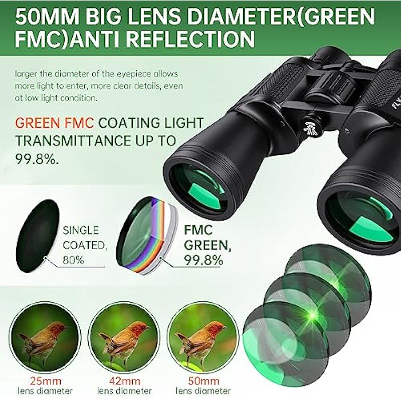 20×50 High Powered Binoculars for Adults, Waterproof Compact Binoculars with Low Light Vision for Bird Watching Hunting Football Games Travel Stargazing Cruise with Carrying Bag