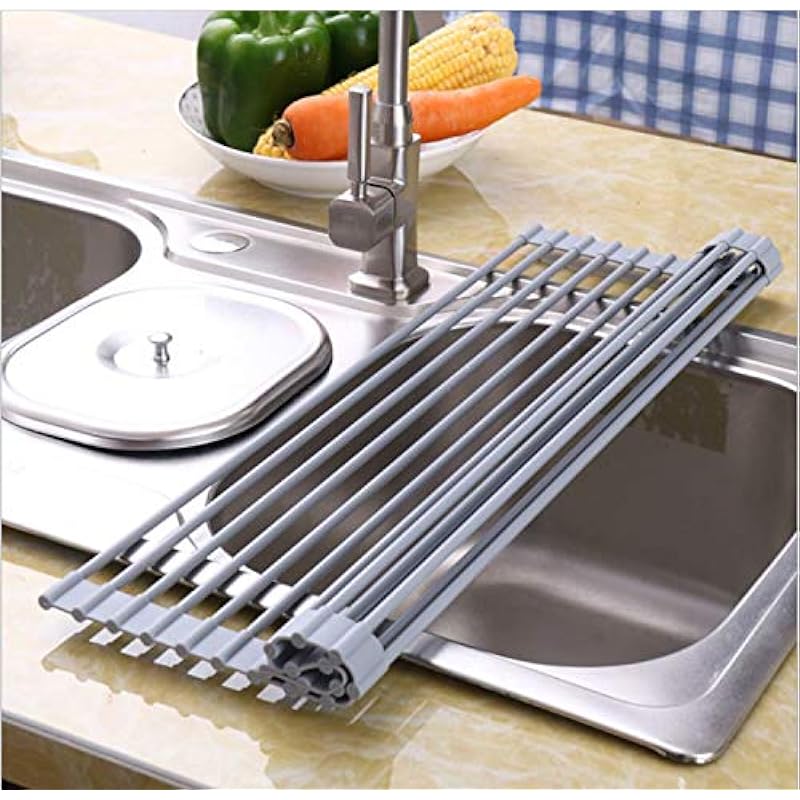 Roll Up Dish Drying Rack Over The Sink.Foldable Kitchen Drainer,Fully Silicone Cover Stainless Steel Bar,Heat-Resistant, Anti-Slip Sink Rack for Kitchen Counter Multipurpose.