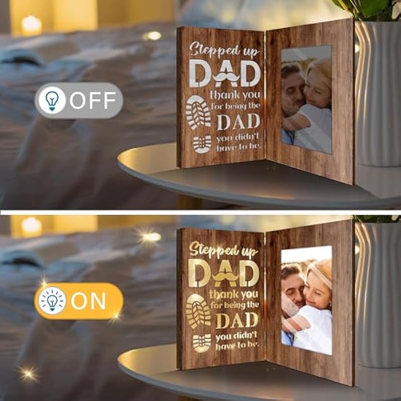 Fathers Day Step Dad Gifts, Step Dad Gifts for Fathers Day, Gifts for Step Dad from Daughter, Step Up Dad Gifts, Fathers Day Picture Frame, Brown Glowing 4×6 Step Dad Picture Frame for Wall/Tabletop