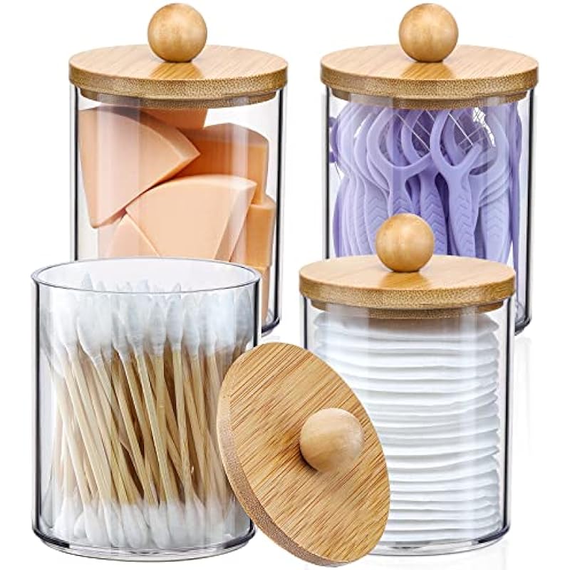 4 Pack Qtip Holder Dispenser with Bamboo Lids – 10 oz Clear Plastic Apothecary Jar Containers for Vanity Makeup Organizer Storage – Bathroom Accessories Set for Cotton Swab, Ball, Pads, Floss