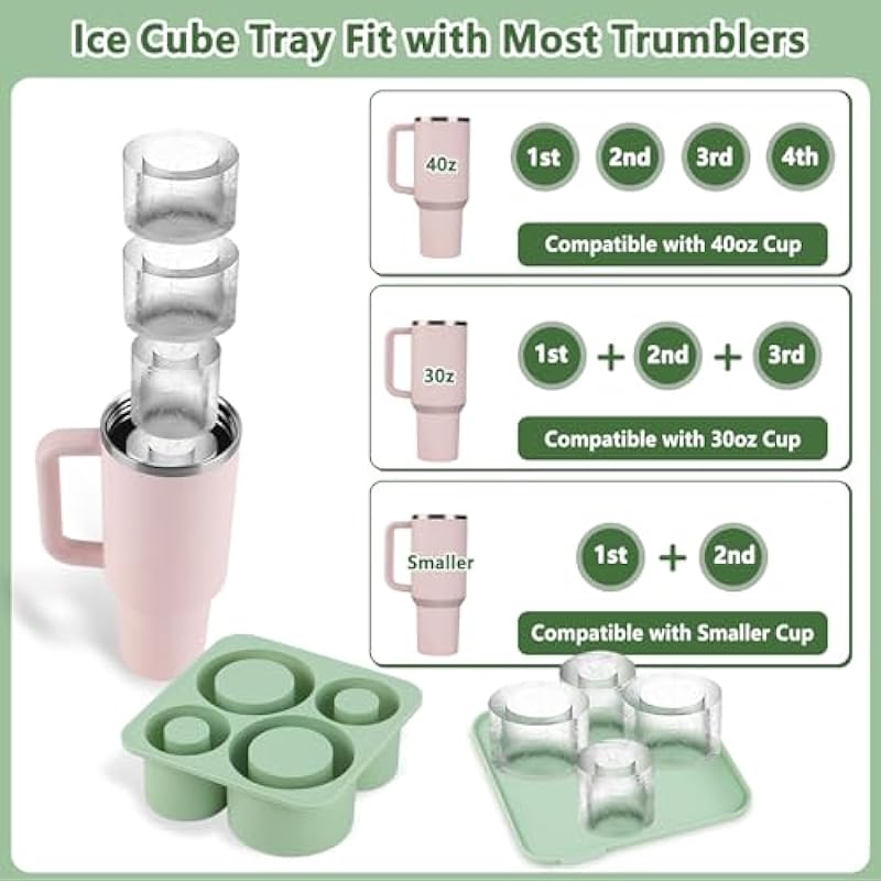 Ice Cube Tray for Tumbler, 4 PCS Silicone Hollow Cylinder Ice Mold for Freezer, Chilling Coffee, Tea, Ice Drink, Juice, Whiskey, Cocktail, for Stanley Cup 20Oz, 30Oz, 40Oz(Green)