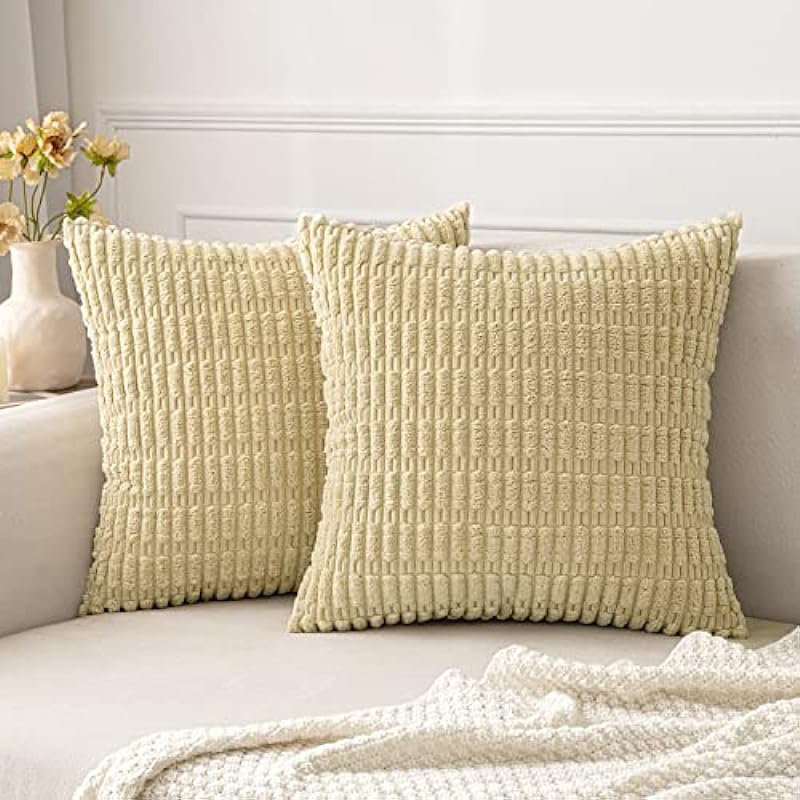 MIULEE Pack of 2 Corduroy Decorative Throw Pillow Covers 18×18 Inch Soft Boho Striped Pillow Covers Modern Farmhouse Home Decor for Sofa Living Room Couch Bed Beige