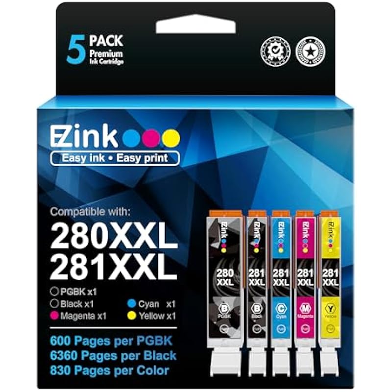 E-Z Ink (TM Compatible Ink Cartridge Replacement for Canon PGI-280XXL CLI-281XXL 280 XXL 281 XXL Compatible with TR8620a TR8620 TS702a TS9520 TS9521C TR8520 TS6220 TS6320 TS8220 (5 Pack)