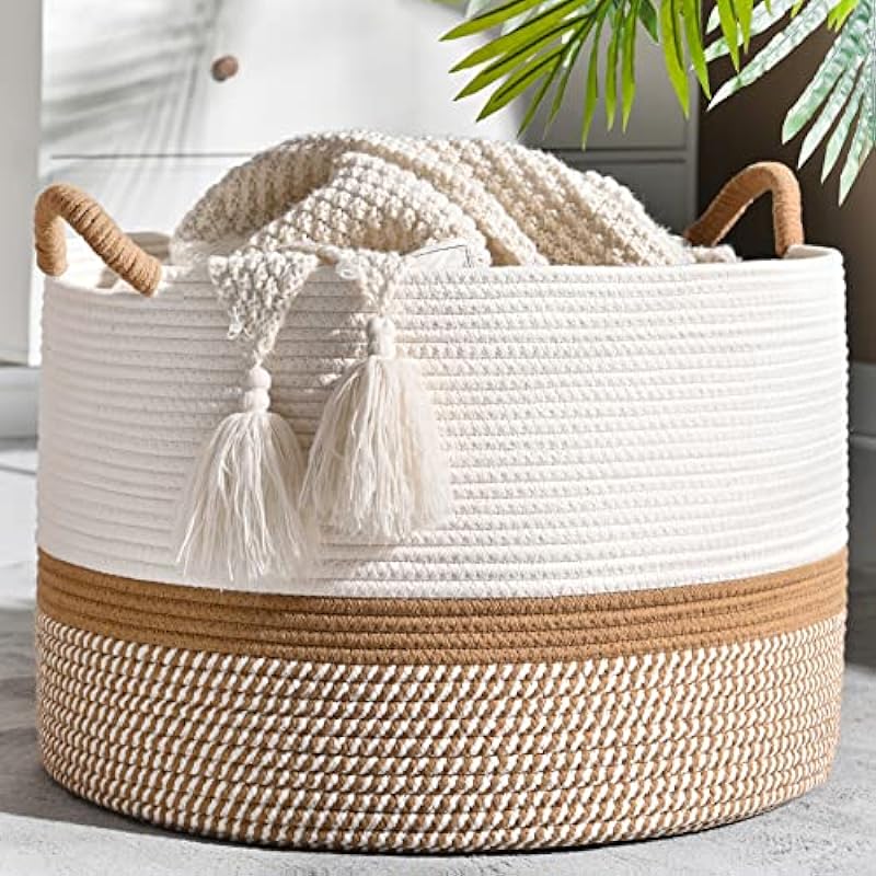KAKAMAY Large Blanket Basket (20″x13″),Woven Baskets for storage Baby Laundry Hamper, Cotton Rope Blanket Basket for Living Room, Laundry, Nursery, Pillows, Baby Toy chest (White/Brown)