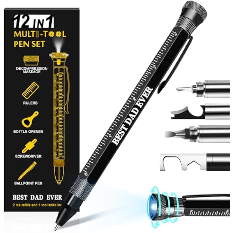 Gifts for Him Fathers Day Men, 12 in 1 Multitool Pen, Unique Mens Gifts for Dad, Husband, Grandpa, Dad Gifts from Daughter Son, Cool Birthday Gifts Ideas for Men Have Everything (Black)