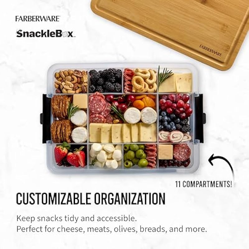 FARBERWARE Build-a-Board Snacklebox with Locking Bamboo Cutting Board Lid, Portable Charcuterie Storage with Compartments,Make it. Take it. Enjoy it., 11×16-Inch, Natural