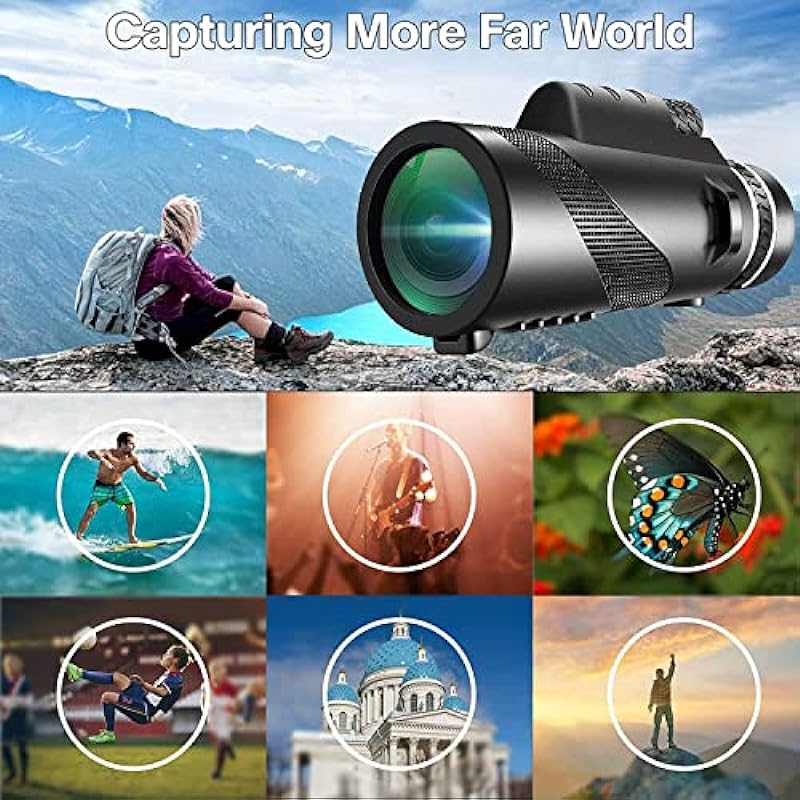 80X100 Monocular Telescope High Power with Smartphone Holder & Tripod, High Definition Larger Vision Monocular for Adults for Bird Watching Hiking Camping