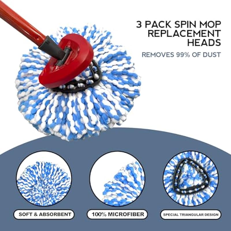 Spin Mop Replacement Head, 3 Pack Mop Head Replacement Compatible for Ocedar RinseClean 2-Tank System, Microfiber, Machine Washable, Easy to Replace and Deep Cleaning, Blue