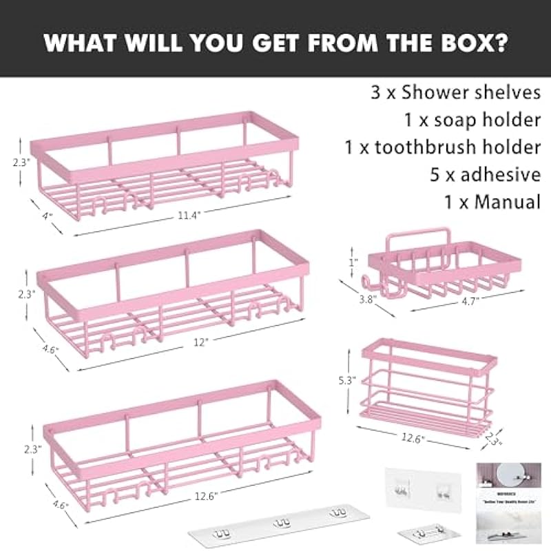 Moforoco Pink 5 Pack Shower Caddy Shelf Organizers Rack, Self Adhesive Black Bathroom Storage Organization, Home Kitchen No Drilling Inside Decor Rv Accessories, First Apartment Essentials…