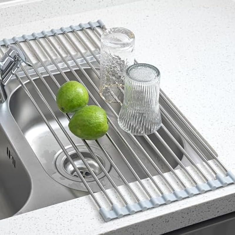 Generic Roll Up Dish Drying Rack, Over The Sink Dish Drying Rack Kitchen Rolling Dish Drainer, Kitchen Dish Rack Stainless Steel Sink Drying Rack 21.25 * 8.26in, Silver