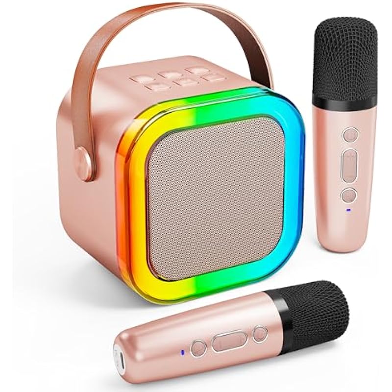 Karaoke Machine for Kids Adults, Portable Bluetooth Mini Karaoke Microphone Singing Speaker with 2 Wireless Mic and Light,Gifts Toys for All Smartphones,Birthday, Family,Home Party (Rose Gold)